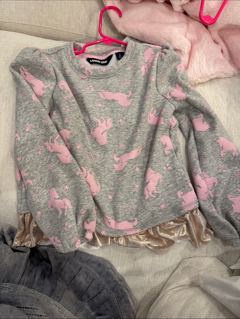 Lands' End Gray & Pink Unicorn Ruffle-Hem Sweatshirt
